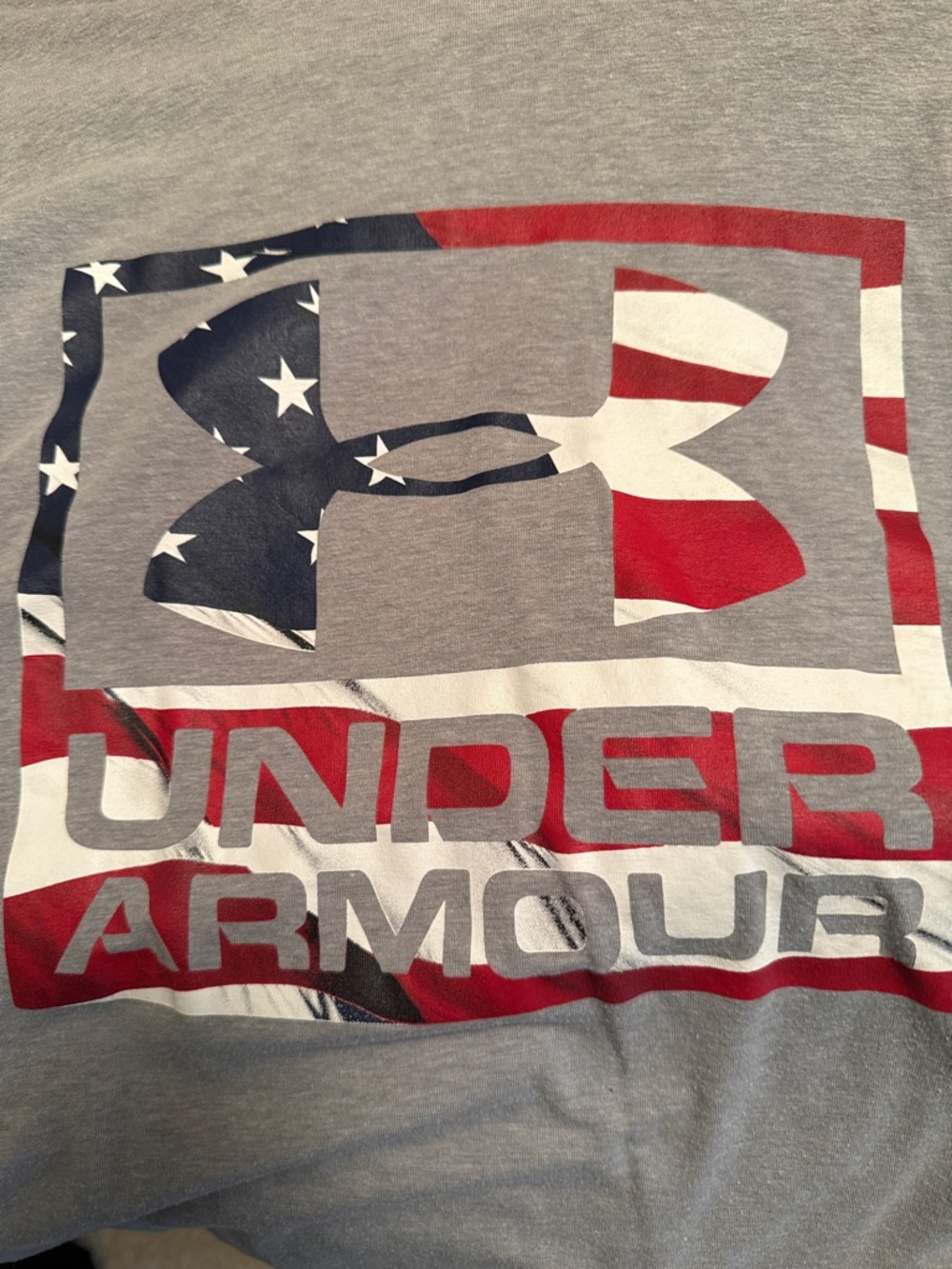 Under Armour Gray Tee with Red, White, Blue Flag Logo